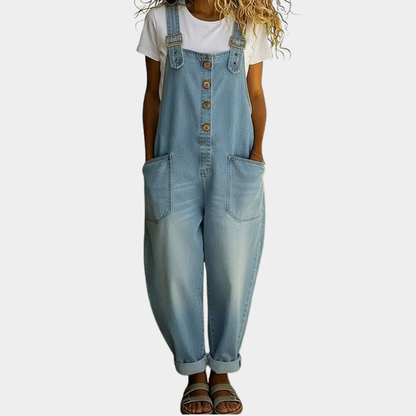 Mara - Pantalone Salopette di Look Denim Vintage in Cotone Morbido con Spalline Regolabili