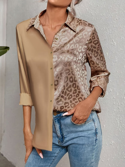 Gwendolyn - Camicia di Bottoni di Satin Bicolor con Stampa di Leopardo