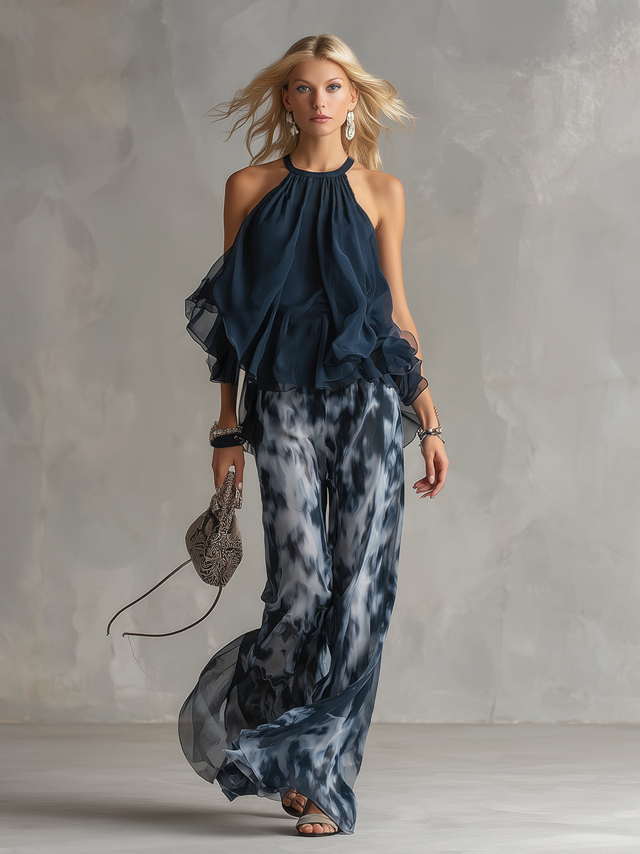 Ludovica | Top halter Elegante Blu navy e Completo di Pantaloni ampi Stampati