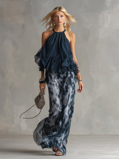 Ludovica | Top halter Elegante Blu navy e Completo di Pantaloni ampi Stampati