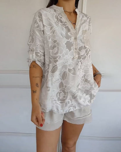 Blusa Stampata Abotonada con collo a V