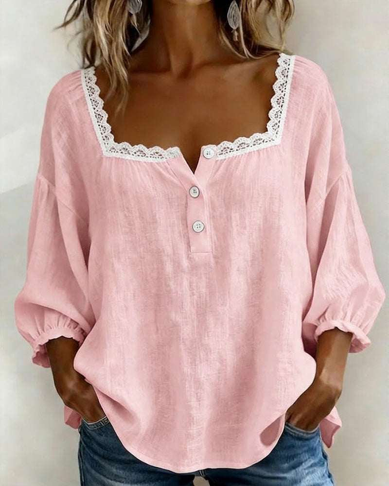 Blusa in pizzo con Scollo quadrato e Maniche a palloncino