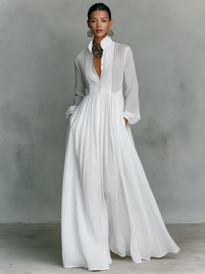Abito maxi Minimalista in cotone e Lino con Pannelli di Patchwork, Collo alto e Maniche lunghe