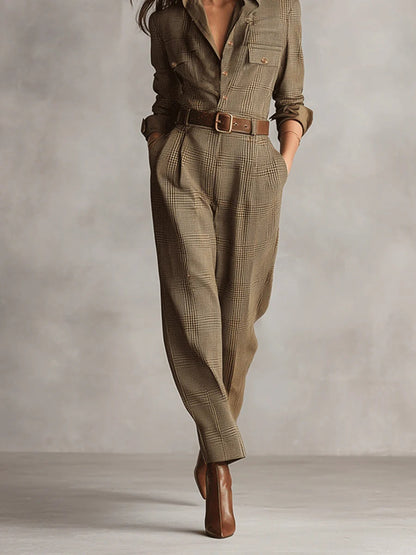 Alessia - Tuta Utilitario di Tweed Marrone con Motivo Raffinato