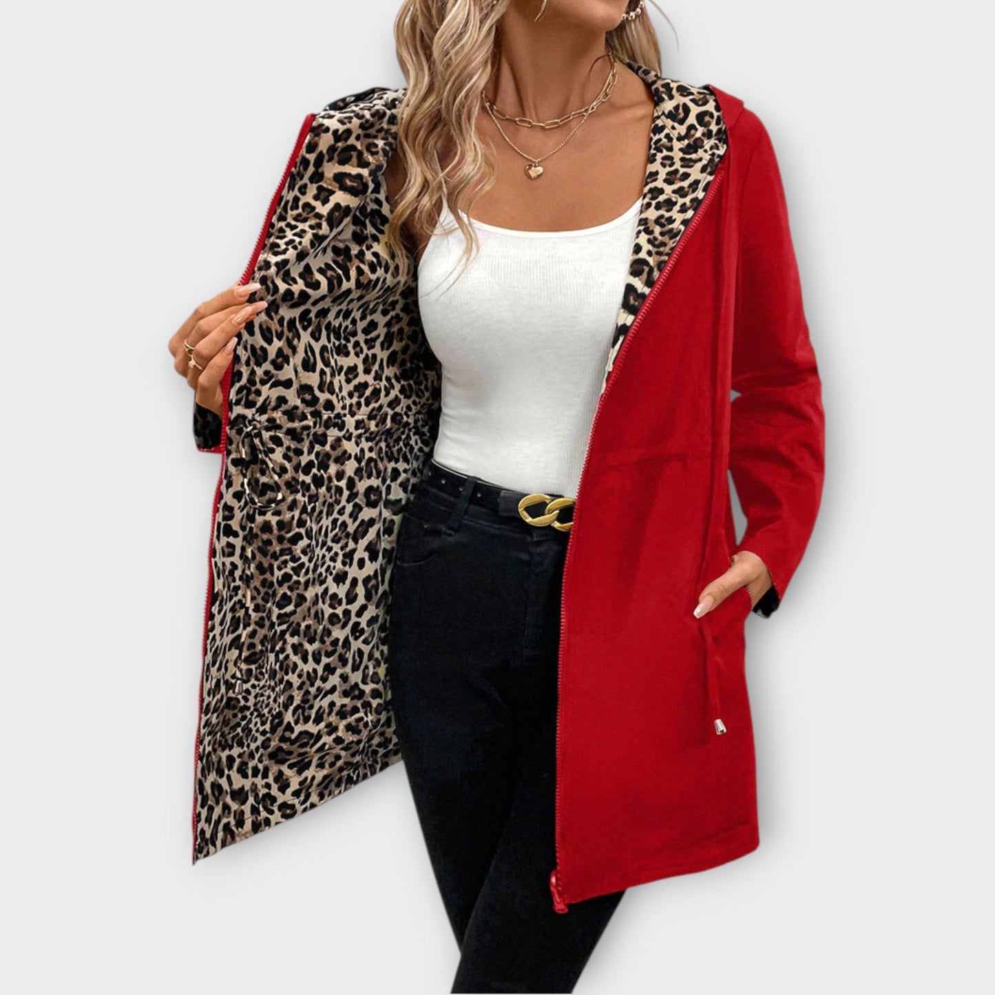 Cappotto reversibile con cappuccio e stampa leopardata