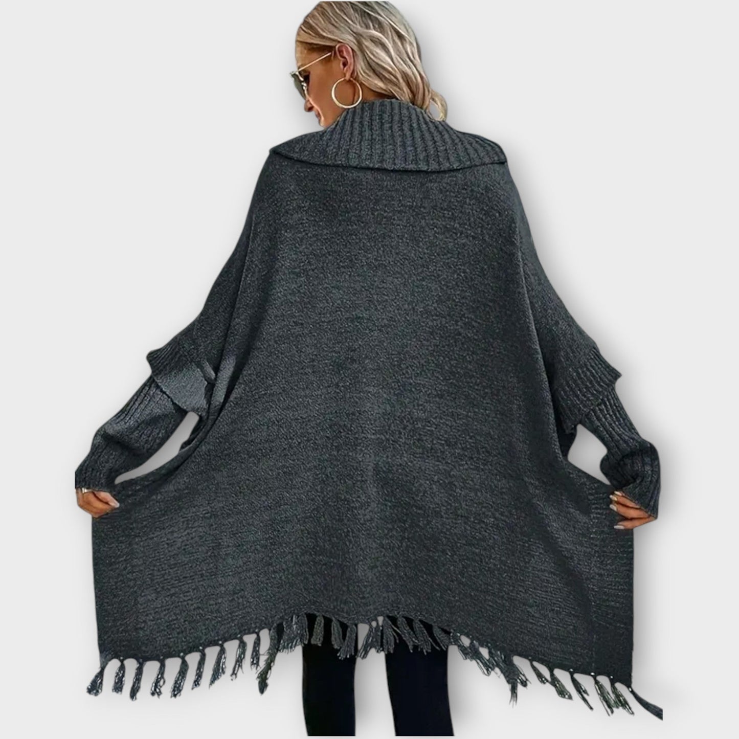 Poncho Maglione Oversize con Collo alto e Flecos