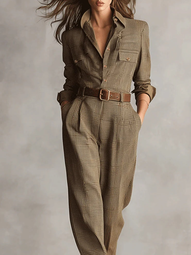 Alessia - Tuta Utilitario di Tweed Marrone con Motivo Raffinato
