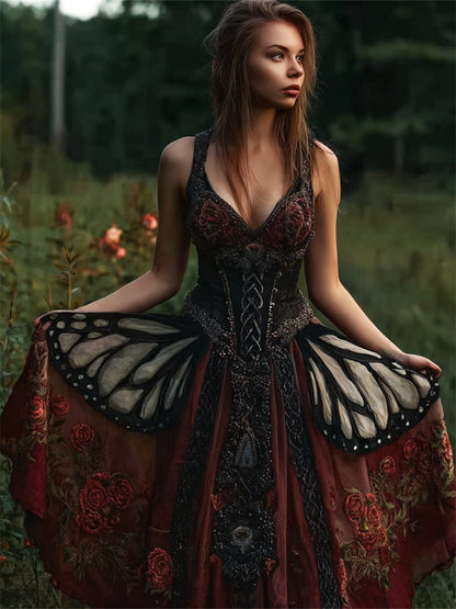 Abito Vintage di Mariposa Mística e Rosas con Brillos, Gonna Flowy Ancha