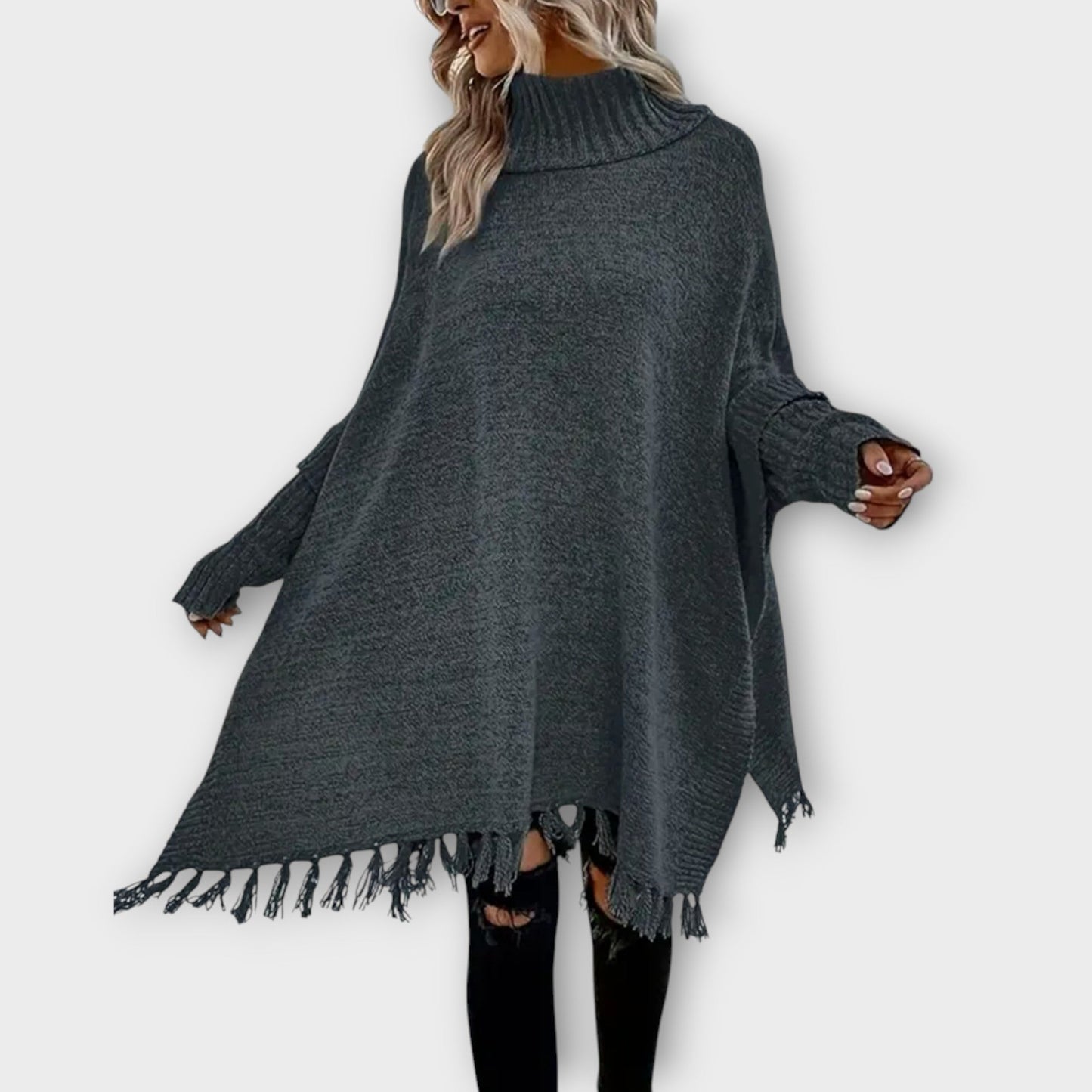 Poncho Maglione Oversize con Collo alto e Flecos
