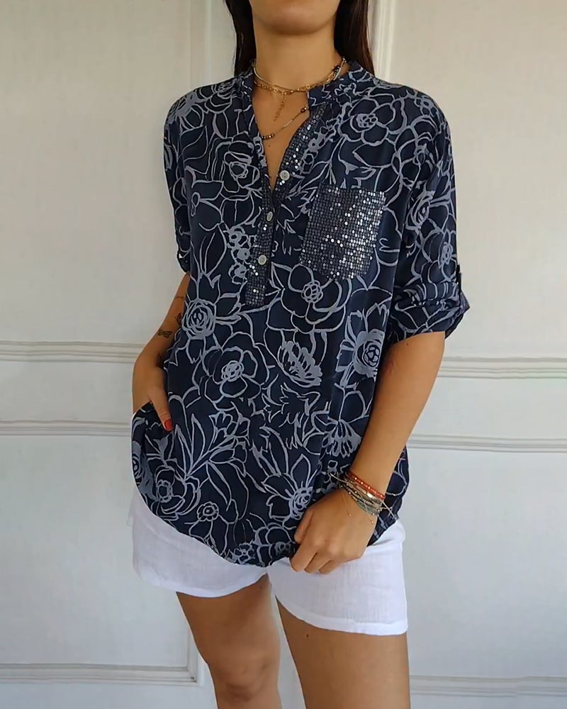 Blusa Stampata Abotonada con collo a V