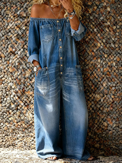 Noa | Salopette in denim con Scollo Off-Shoulder