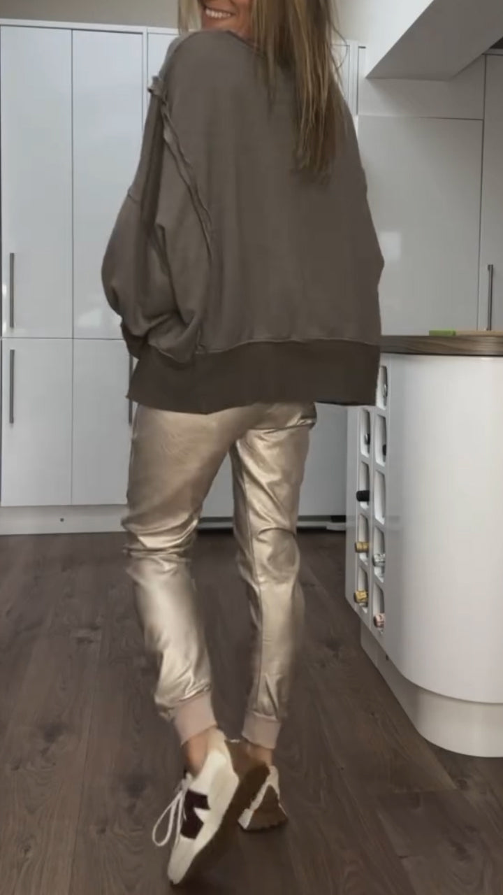 Set Casual di Collo rotondo per Donne + Pantaloni di Cuero Sintético