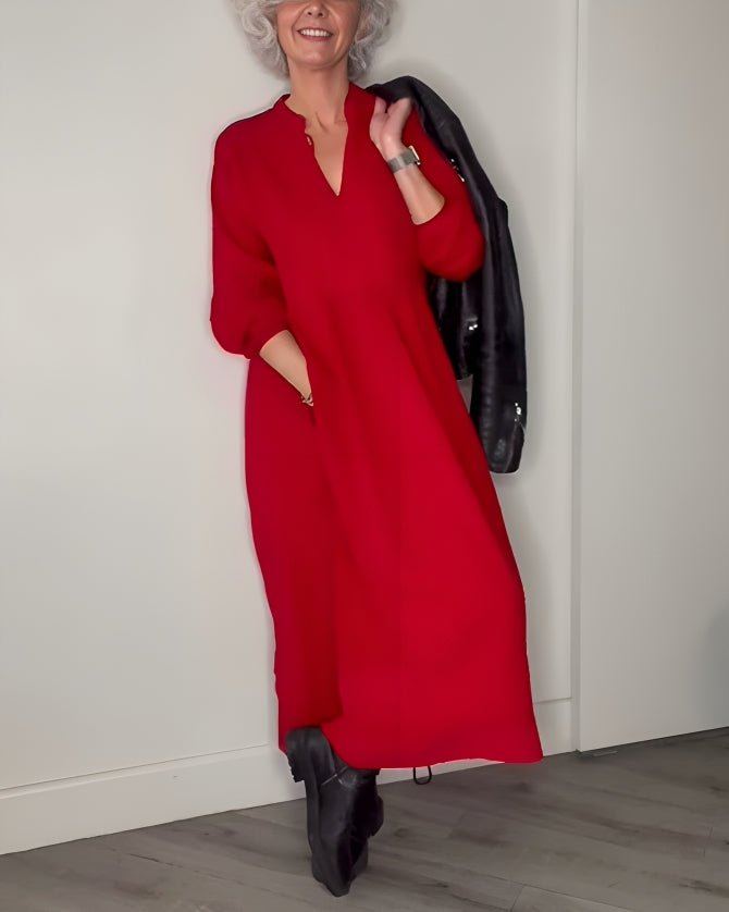AMANDA – ABITO MAXI A MANICHE LUNGHE E SCOLLO A V ELEGANTE