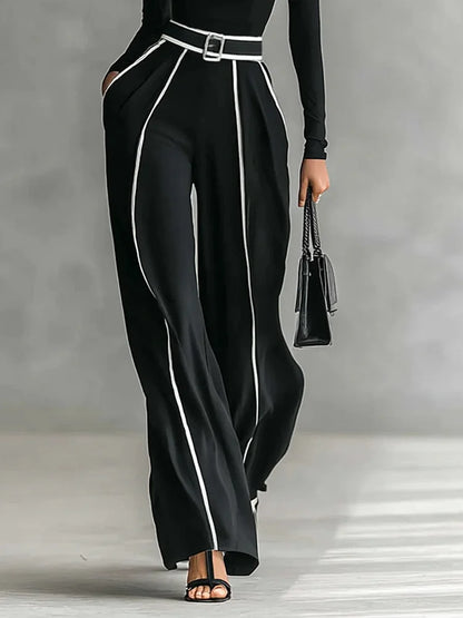 Set di Top a maniche lunghe e Collo alto con Ribete Bianco, Pantaloni a gamba larga e Cintura