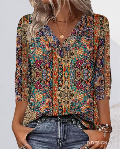 Blusa Retrò Stampata V-Collo