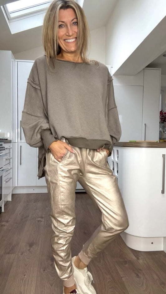 Top Casual di Collo rotondo per Donna + Pantaloni di Cuero