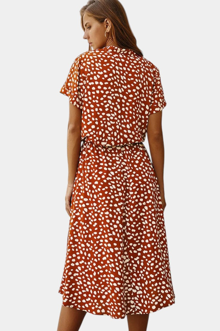 Rovena Abito midi di Pois con Collo Camisero e Vita Regolabile
