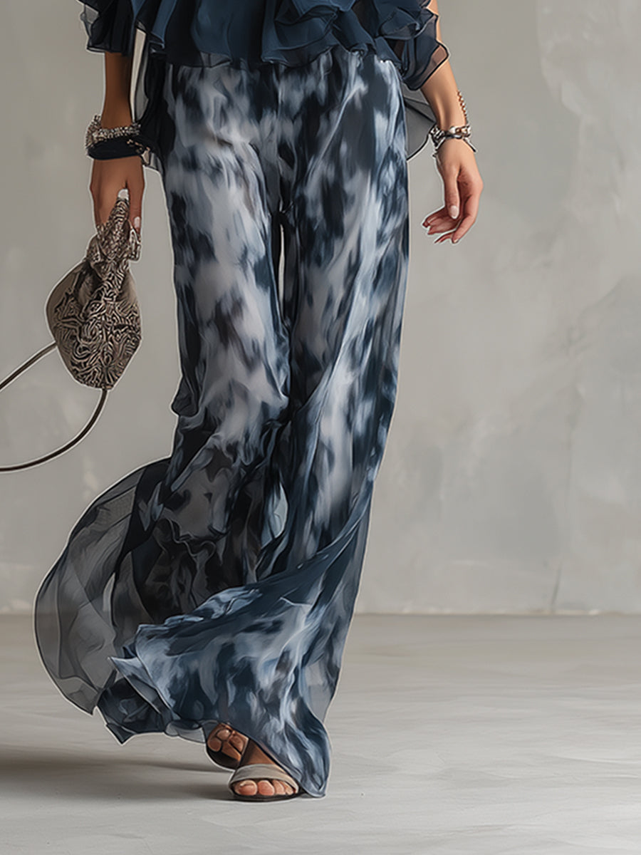 Ludovica | Top halter Elegante Blu navy e Completo di Pantaloni ampi Stampati