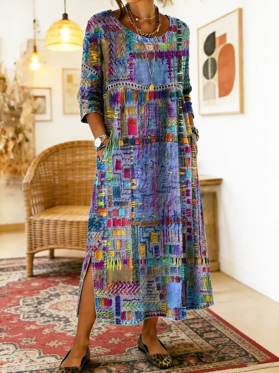 Manuela | Abito in denim con Patchwork etnico