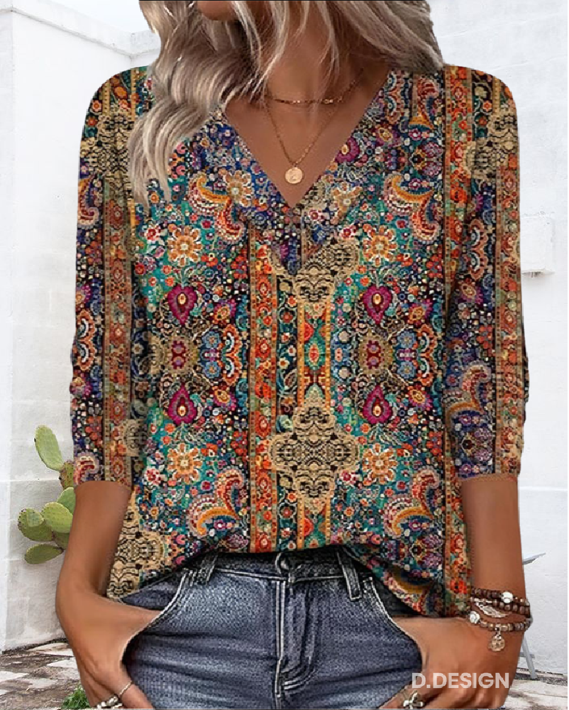 Blusa Retrò Stampata V-Collo
