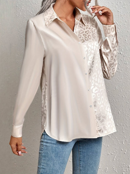 Gwendolyn - Camicia Button-Up in Satin Bicolor con Stampa di Leopardo