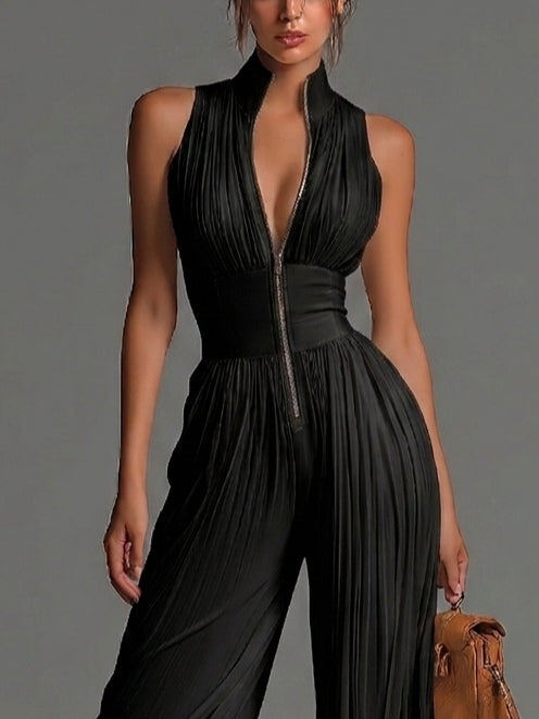 Jumpsuit senza maniche di collo a V nero con cerniera e plissettato di gambe larghe in chiffon