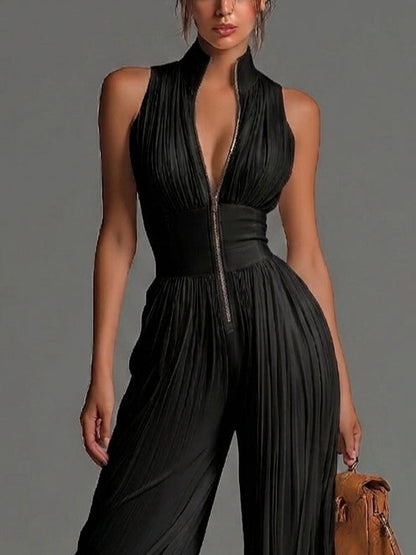 Jumpsuit senza maniche di collo a V nero con cerniera e plissettato di gambe larghe in chiffon