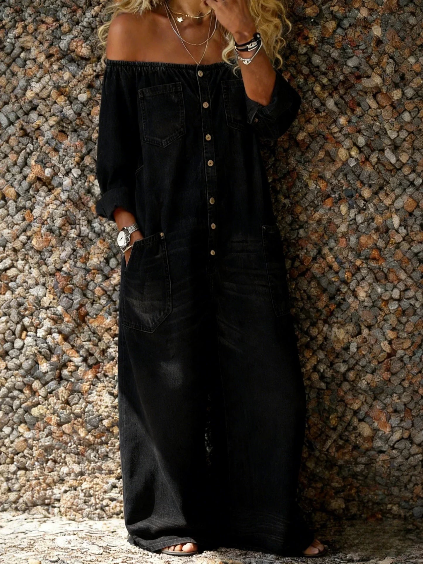 Noa | Salopette in denim con Scollo Off-Shoulder