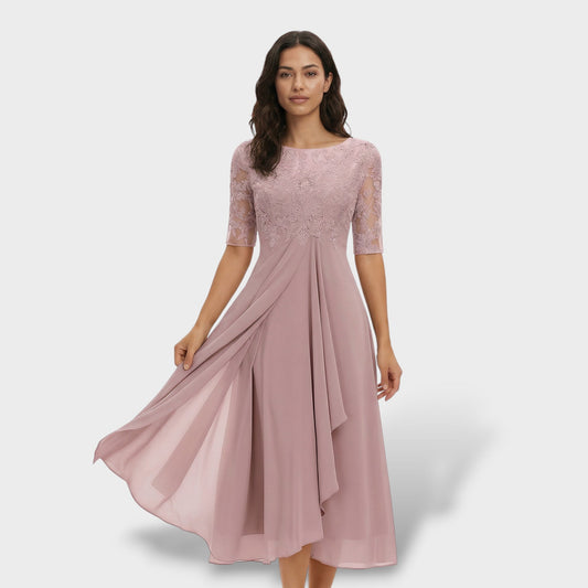 Abito Festa Pizzo E Chiffon Midi