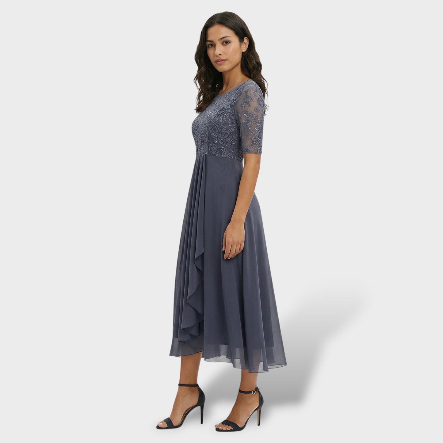 Abito Festa Pizzo E Chiffon Midi