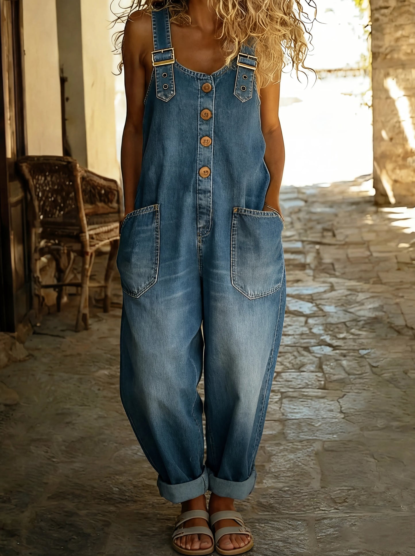 Rocio™ - Pantalone salopette casual in denim con hebilla regolabile.