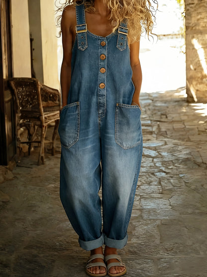 Rocio™ - Pantalone salopette casual in denim con hebilla regolabile.