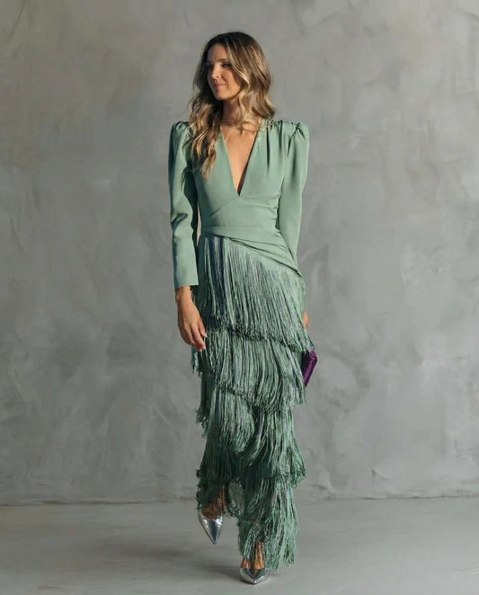 Elara™ | Elegante abito midi con maniche di frange