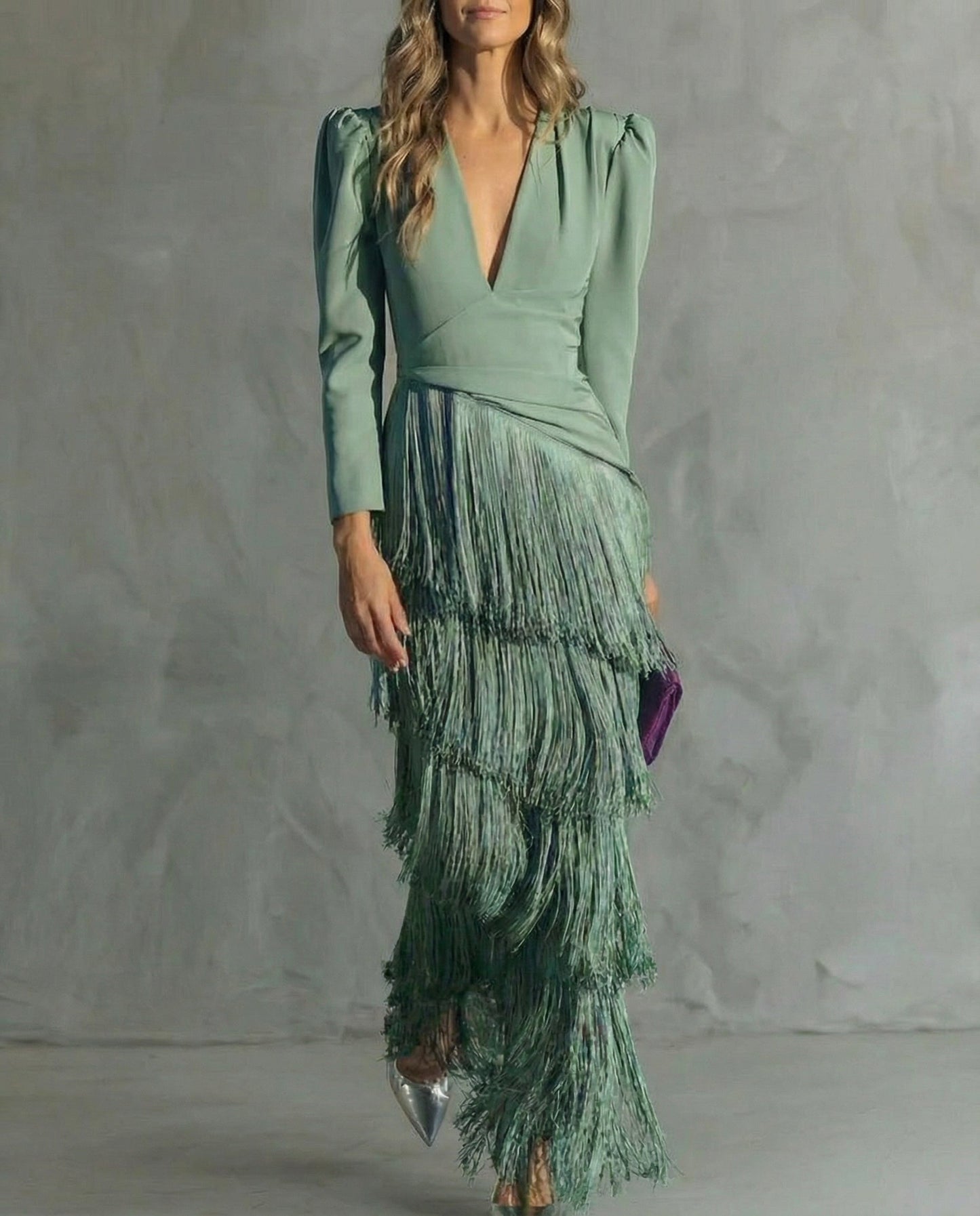 Clara ™ | Abito midi Elegante con Maniche di Frange
