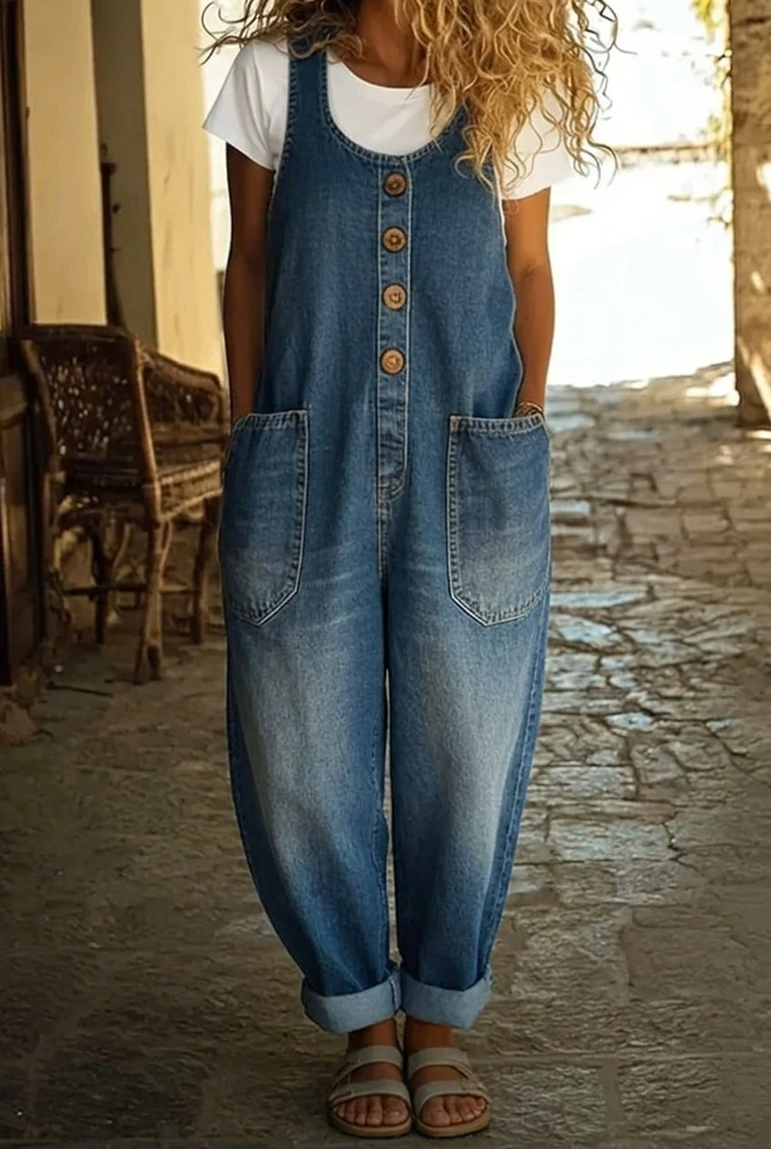 Nancy | Pantalone Salopette di Denim di Cotone Lavaggio Vintage