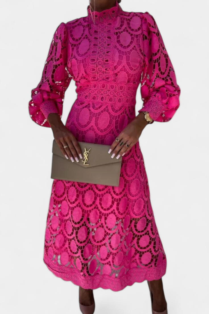 Lucinda Abito midi in pizzo con Maniche Farol e Collo alto