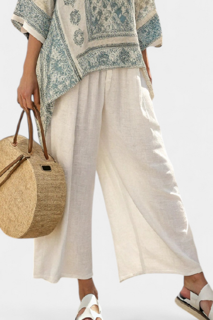 Quinley | Blusa Impresa Comoda e Pantaloni Blancos di gamba ampia