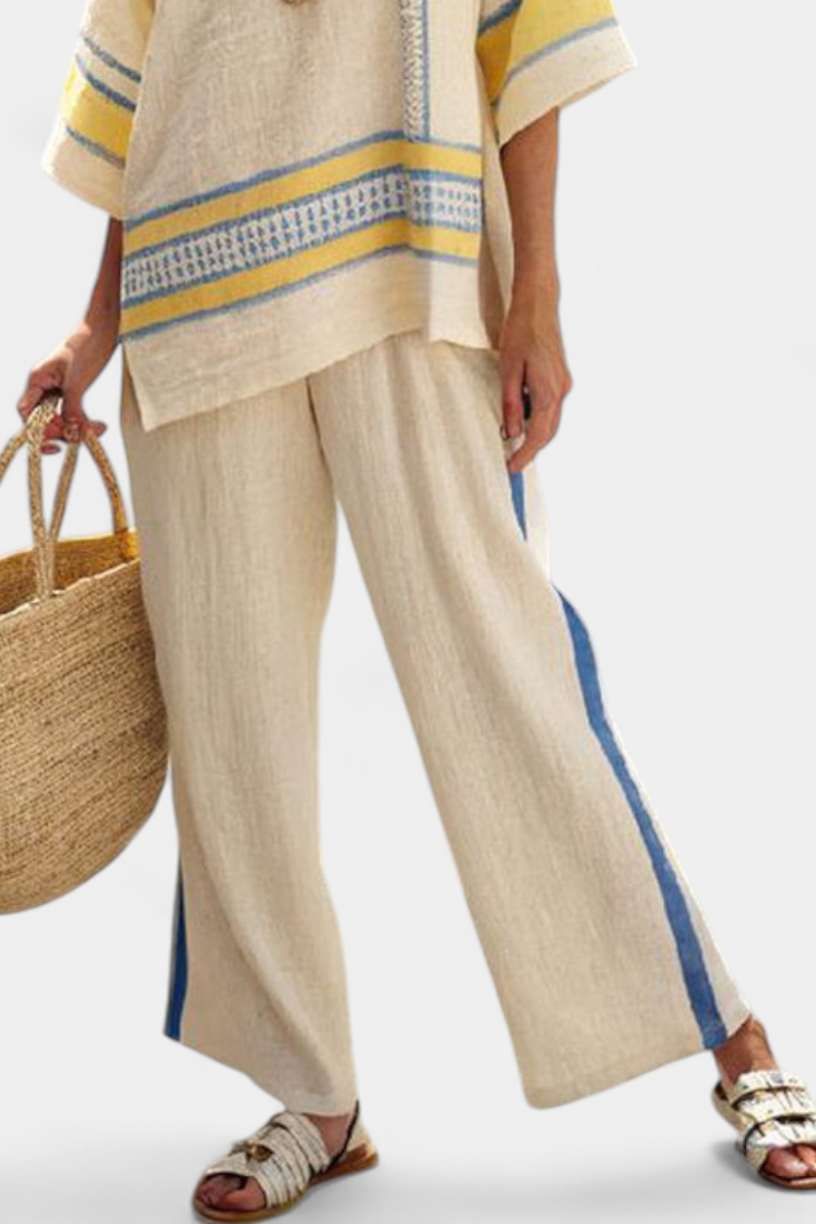 Jaxmere | Set Mediterráneo Comodo in Blu e Giallo con Pantaloni di Lino