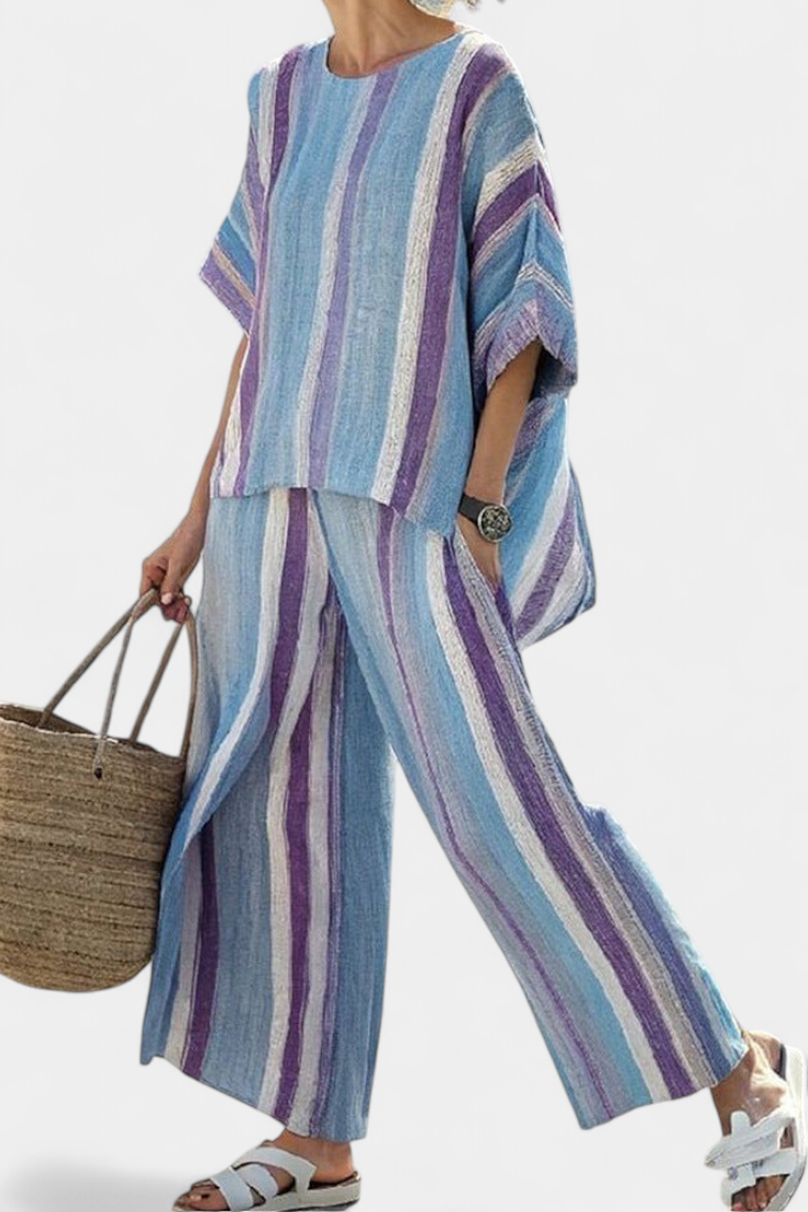 Faelith | Top Pastel Malva Elegante e Pantaloni di Lino Rayados