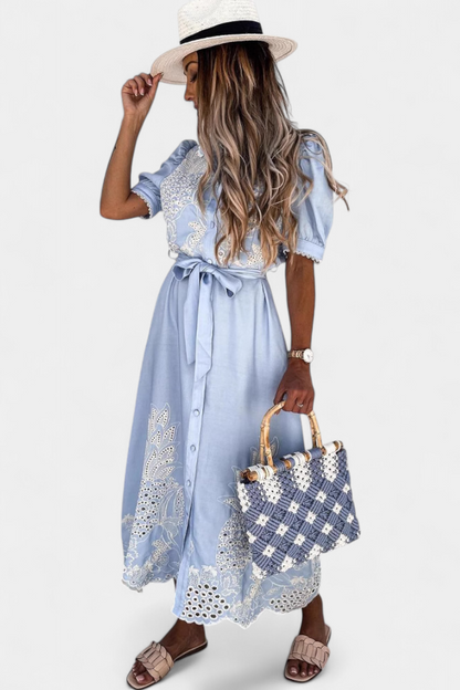 Nerea Abito chemisier Ricamo con Cintura e Manica Abullonada