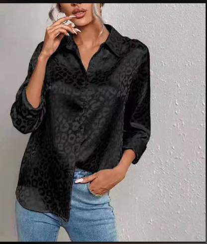 Gwendolyn - Camicia di Bottoni di Satin Bicolor con Stampa di Leopardo