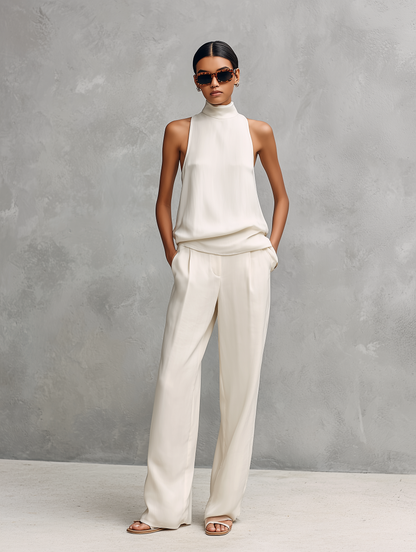 Completo con top senza maniche e Pantaloni Elegantes in cotone e Lino Nero per donna