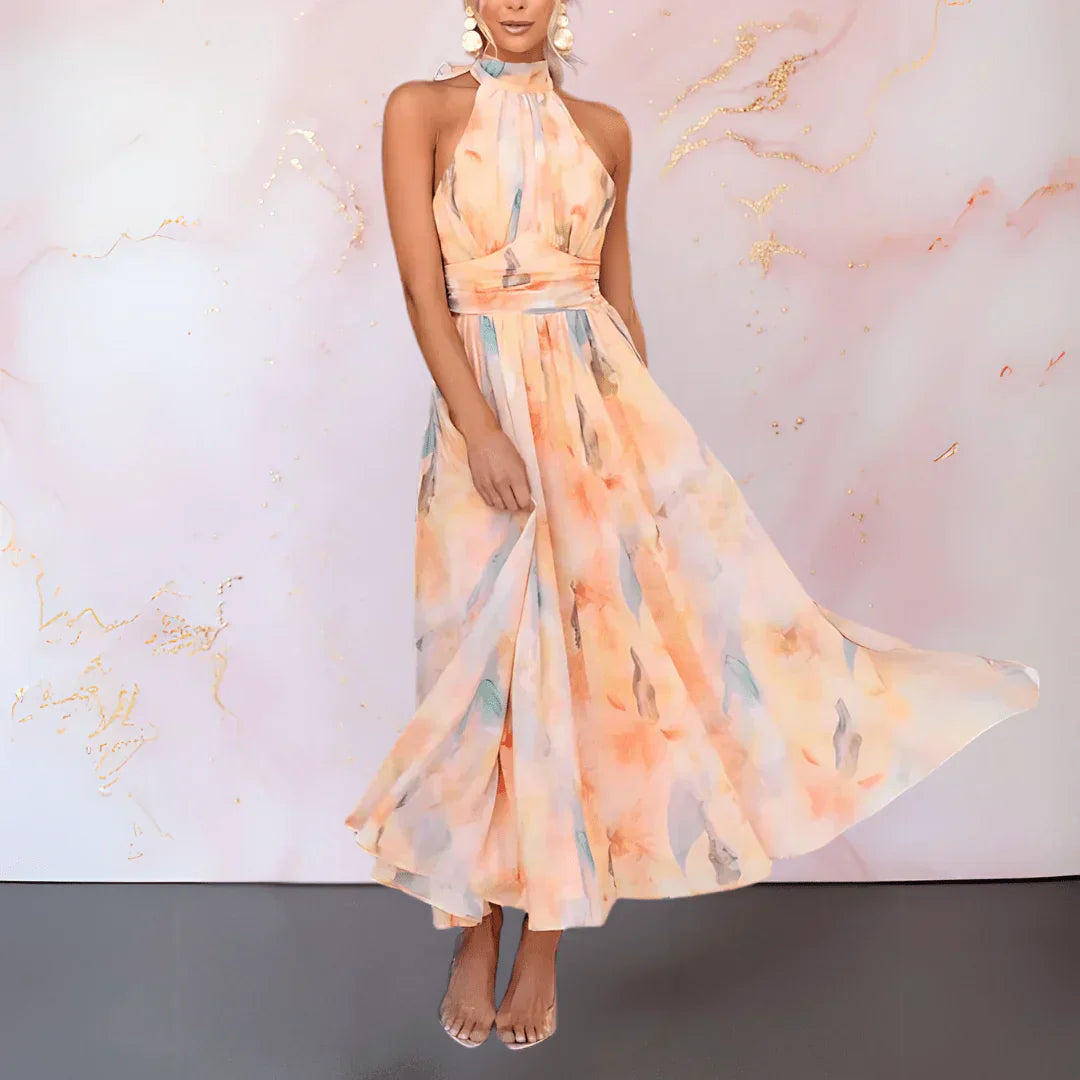 ESTHER | ABITO CON STAMPA ACQUERELLO E COLLO HALTER