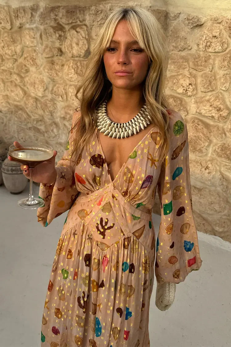 Alessandra - Abito con stampa marino e dettagli dorados