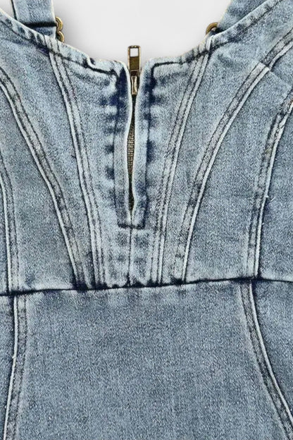 Janessa Abito Denim con Spalline Regolabili e Spacco Frontal