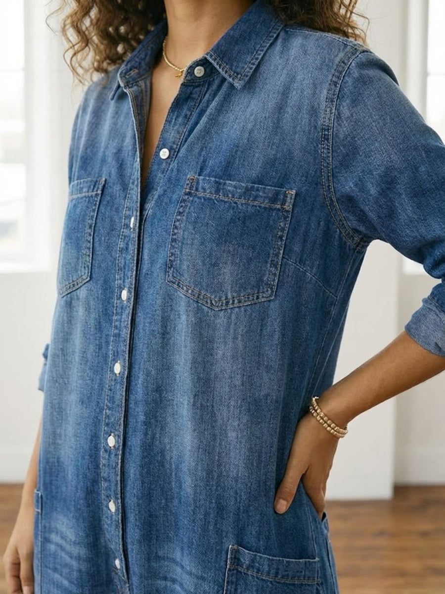Saylor - Pantalone di Spalline di Denim di Cotone Lavaggio Vintage con Chiusura di Bottone