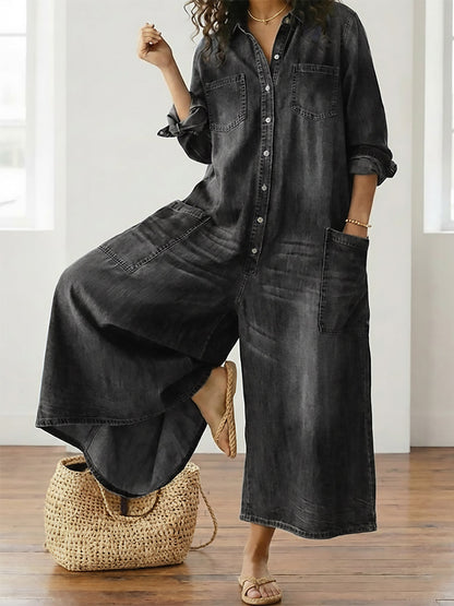 Saylor - Pantalone di Spalline di Denim di Cotone Lavaggio Vintage con Chiusura di Bottone