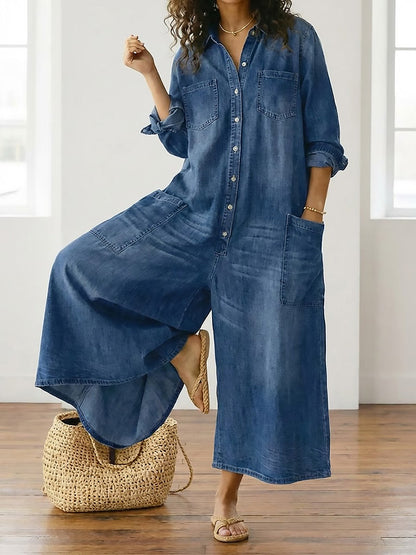 Saylor - Pantalone di Spalline di Denim di Cotone Lavaggio Vintage con Chiusura di Bottone