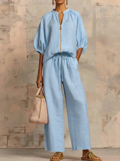 Alba | Camicia di Bottoni Rilassata e Pantaloni a gamba larga Coordinati