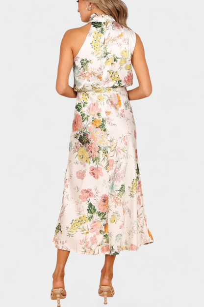 Lisa Abito maxi Floreale con Collo halter e Vita Elástica